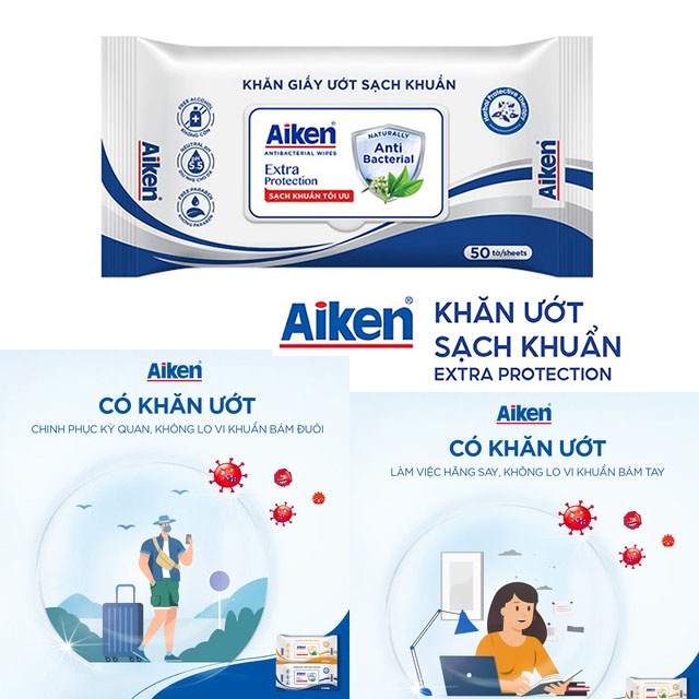 Khăn Ướt Aiken Sạch Khuẩn Chiết Xuất trà xanh - Gói 50 tờ