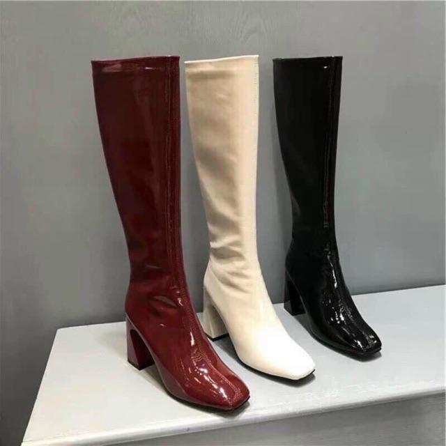 Bốt nữ đùi da bóng khóa cạnh lót lông cao gót 7 phân 2021, Bốt đùi nữ khoá cạnh gót vuông da lì da bóng thời trang