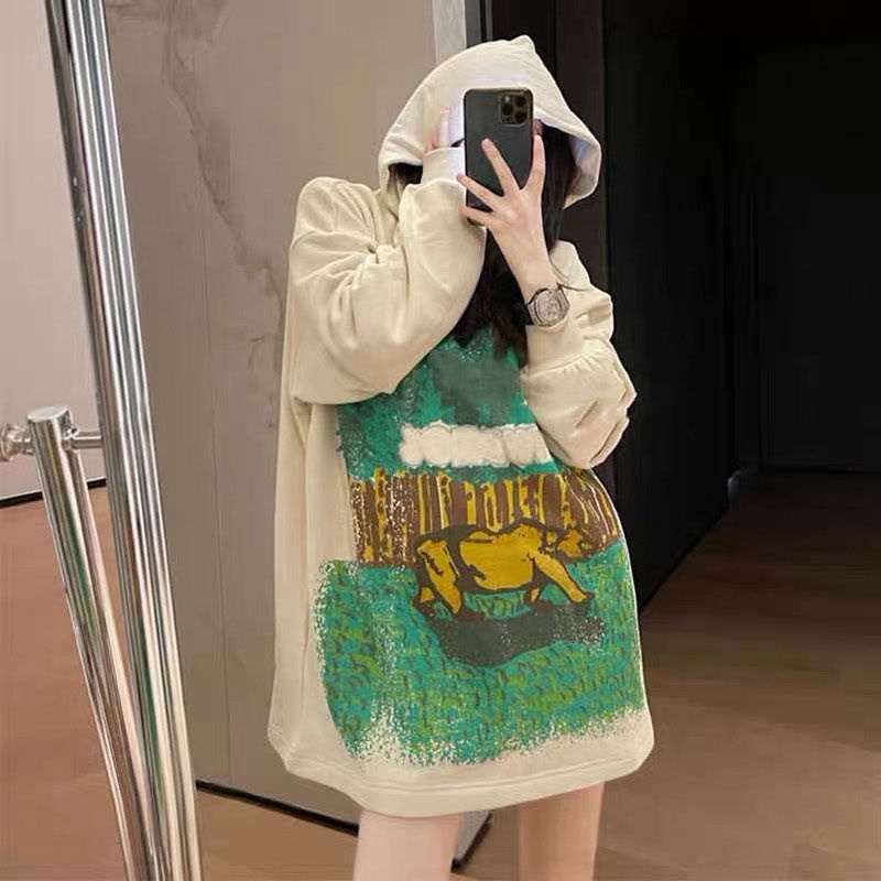 Áo Hoodie tay dài dáng rộng in họa tiết thời trang mùa thu mới cho nữ