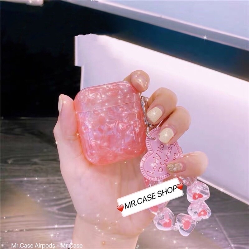 Case Airpods 1/2 /Pro Vỏ Ốp Tai Nghe Hình Màu Hồng Loang Xà Cừ Kèm Dây Móc Khoá Xinh- Mr.Case AirPods