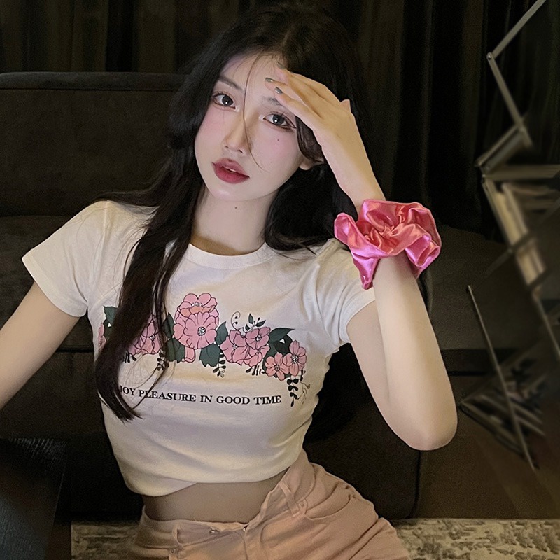 Áo Thun Croptop Ngắn Tay Cổ Tròn Form Ôm In Họa Tiết Hoa Phong Cách Hàn Quốc Thời Trang Cho Nữ