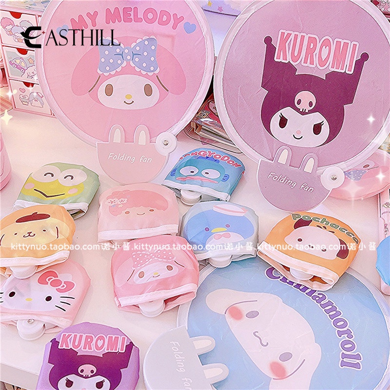 Quạt Bỏ Túi Hình Tròn In Hình Cinnamoroll Melody Kuromi Đáng Yêu