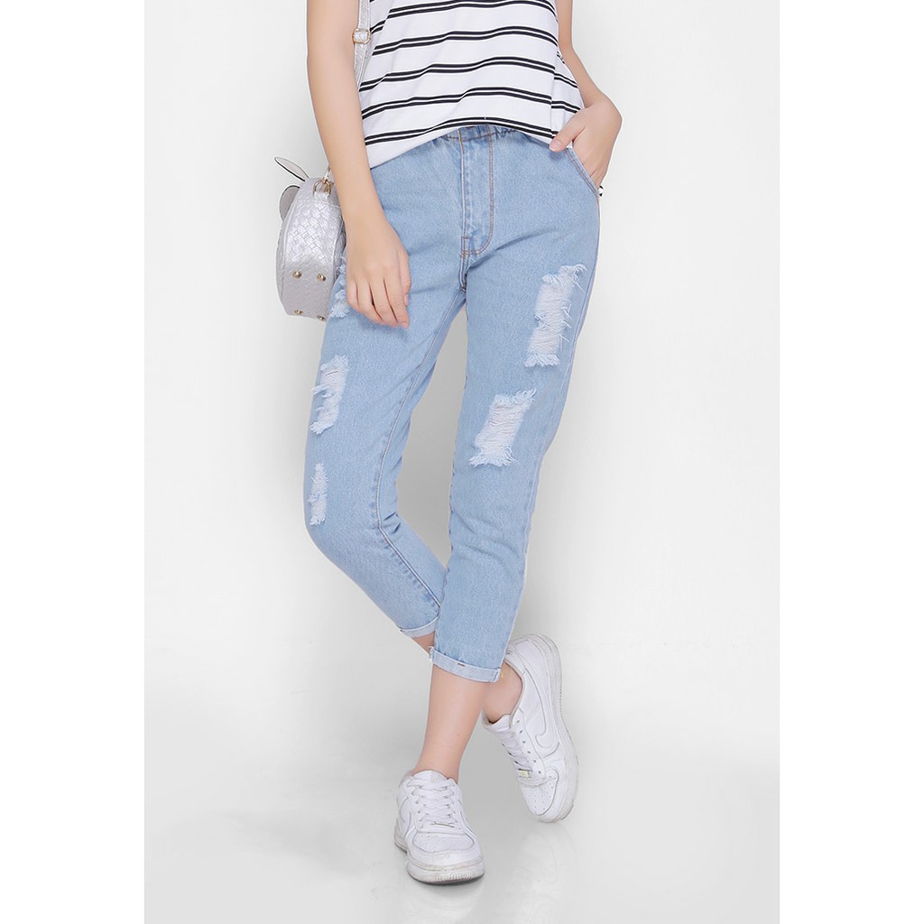 Quần Baggy Jean Rách Xăn Lai Lưng Thun Dành Cho Bạn Gái Từ 35 - 65kg