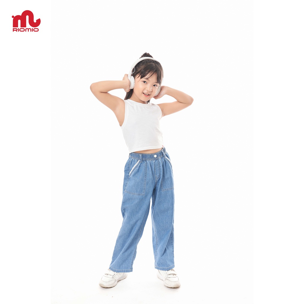 Quần jean cho bé gái 5-12 tuổi (20-50kg) ống rộng RIOMIO phối ren túi 100% cotton USA cao cấp - RO231