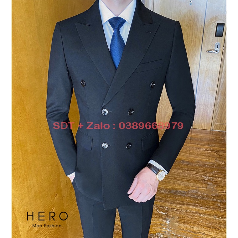 Bộ vest Cao cấp 6 khuy màu đen, Bộ suit nam 6 cúc chất vải sịn sò màu đen