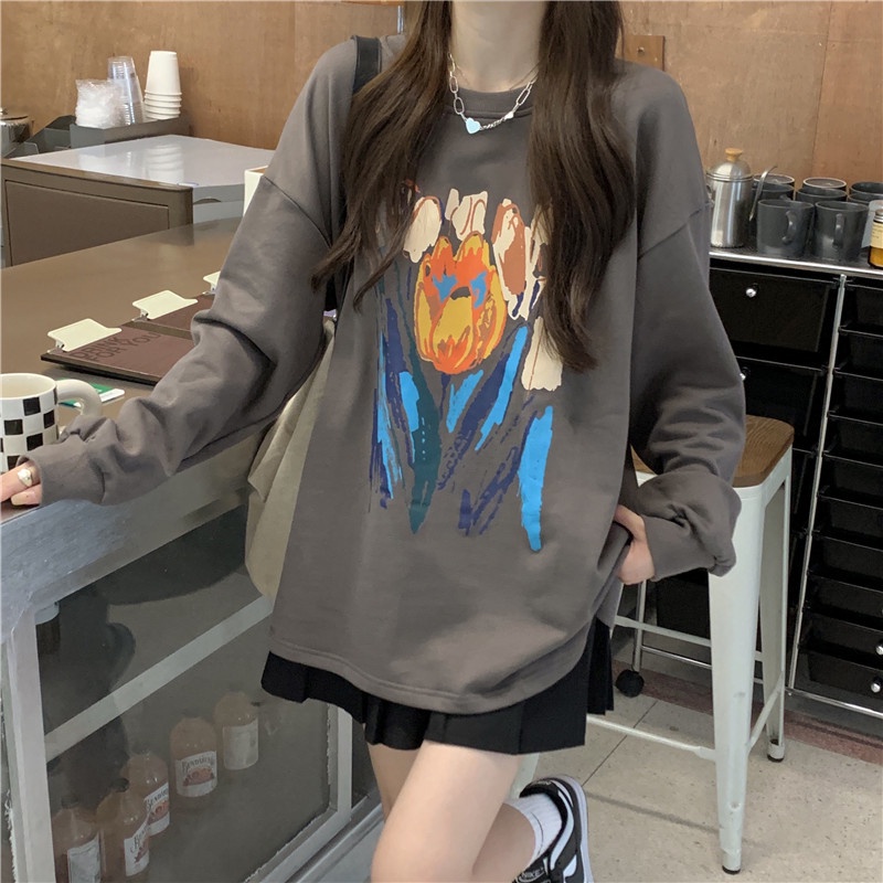 Áo sweater tay dài dáng rộng in họa tiết cá tính phong cách Hàn Quốc thời trang dành cho nữ