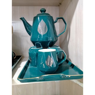 BỘ BÌNH CỐC PHA TRÀ KÈM KHAY MÀU XANH SANG TRỌNG HỌA TIẾT ĐẸP MẮT