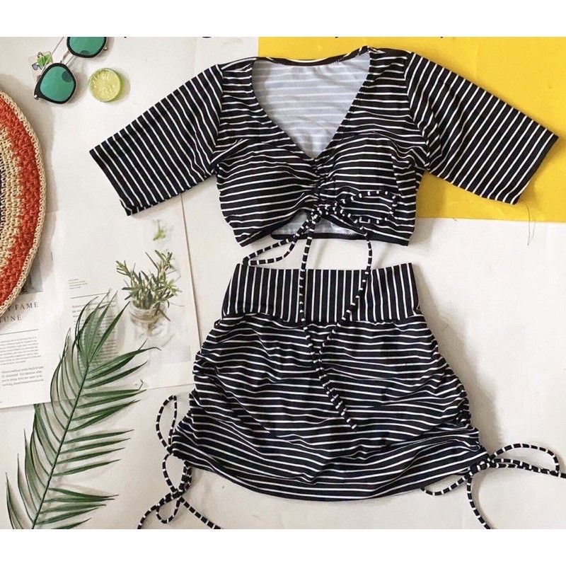 Bikini Đi Biển Tay Ngắn Dây Rút Phối Sọc, Đồ Bơi 2 Mảnh Tay Ngắn Kèm Váy Rút Hông [Ảnh Chụp Thật] - OS084