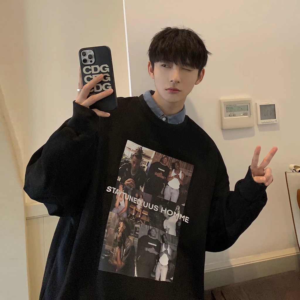【Hàng mới về】Áo sweater tay dài cổ tròn dáng rộng màu trơn in hình phong cách phương Tây thời trang có 3 màu size 11.11 M-3XL
