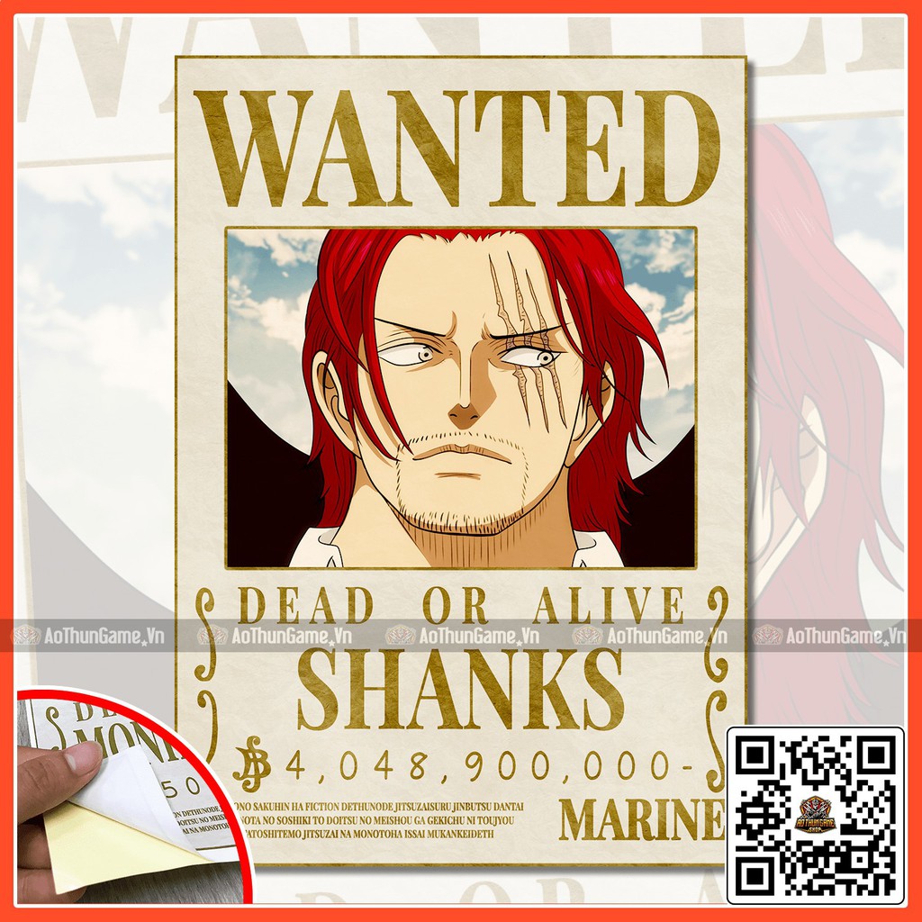 Poster One Piece Shanks tóc đỏ / Poster  truy nã One Piece / Hình dán tường Full HD mới nhất (Shop AoThunGameVn)
