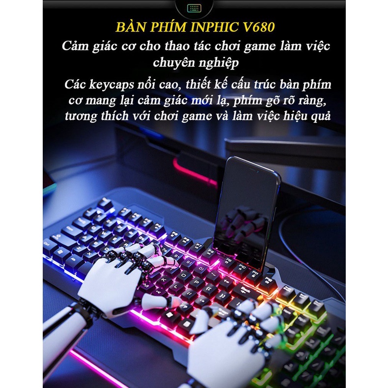 Bàn Phím Cơ Kim Loại INPHIC V680 Có Dây Phím Có Đèn Nền Siêu Đẹp RGB Hỗ Trợ 4000DPI Chơi Game Chuyên Nghiệp - Chính Hãng