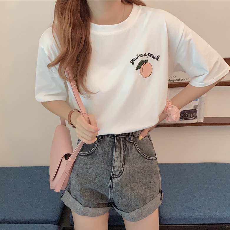 SUXI Áo Thun Tay Ngắn Dáng Rộng Màu Sắc Đơn Giản