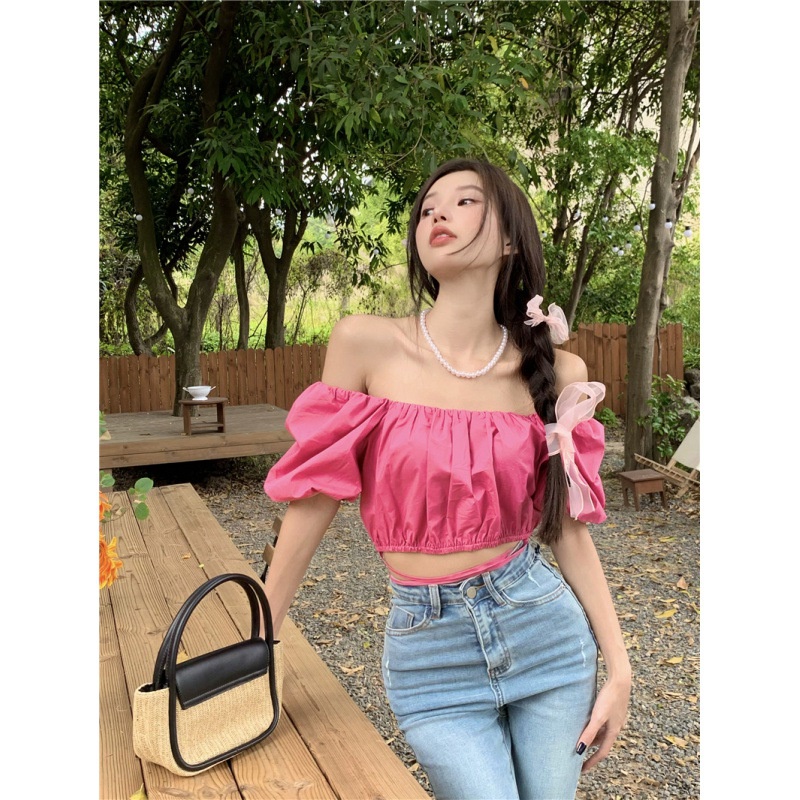 Áo Croptop Tay Phồng Cổ Chữ V Phối Dây Thắt Eo Nữ Tính