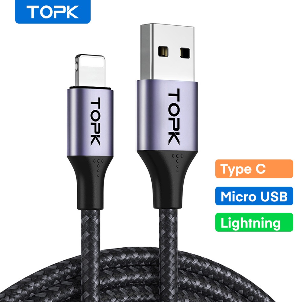 Dây cáp sạc Nhanh TOPK AN10 iPhone Micro USB Type C Vỏ Kim Loại Bện Nylon Chất Lượng Cao