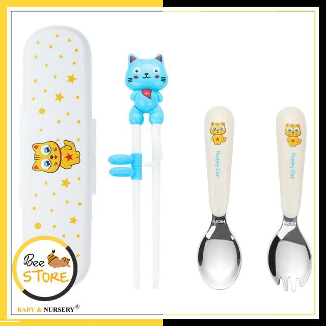 [MỞ KHO SỈ BÁN LẺ] Bộ đũa thìa nĩa inox kèm hộp đựng Happy Cat