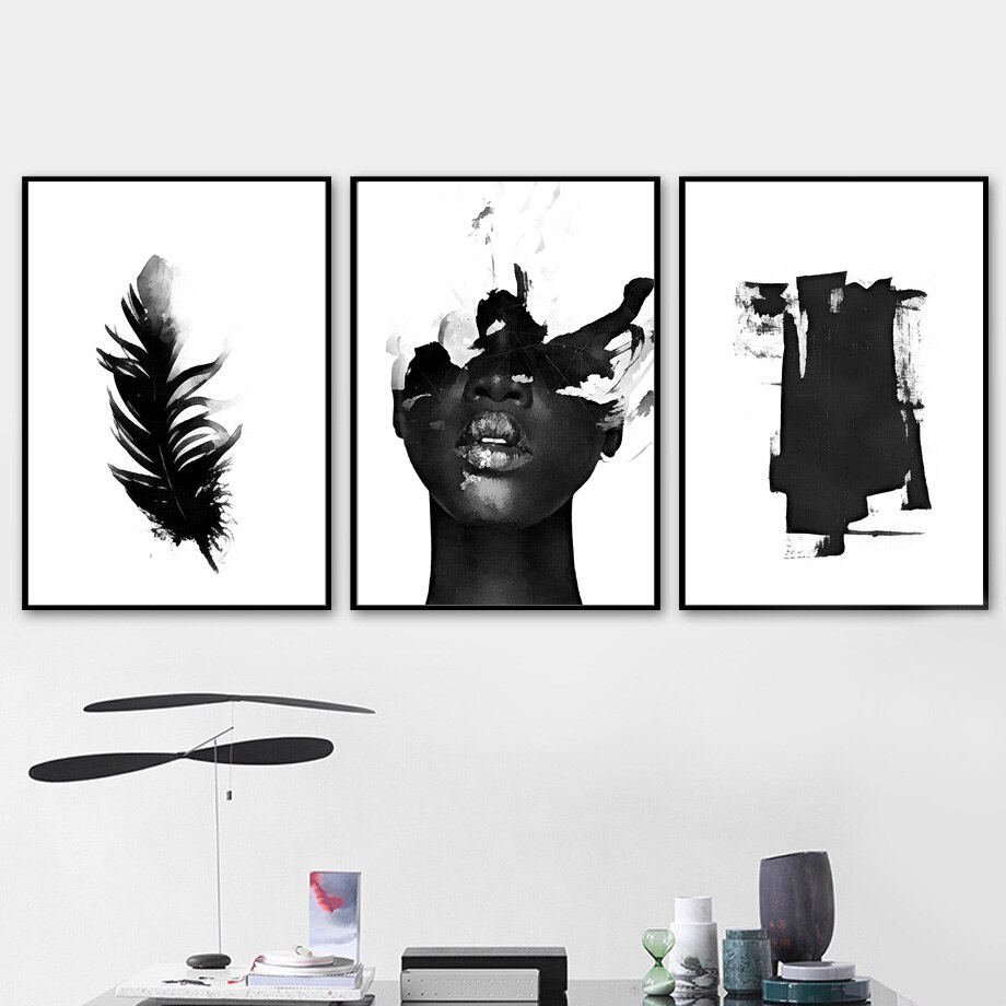 （Khung tranh gỗ rắn） Bức tranh tường nghệ thuật vải lông cô gái màu đen trắng trừu tượng áp phích Bắc Âu và in hình ảnh tường để trang trí phòng khách