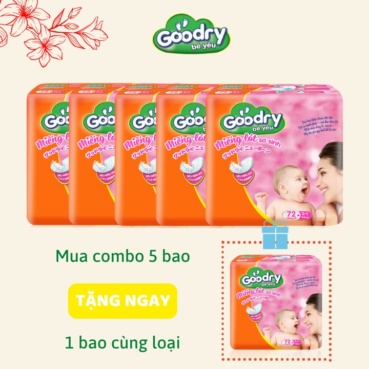 Combo 5 bao Miếng lót Sơ sinh Goodry 72 miếng (Dành cho trẻ 0-1 tháng)