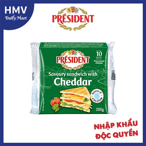 Phô mai lát cheddar Sandwich President Pháp 200g