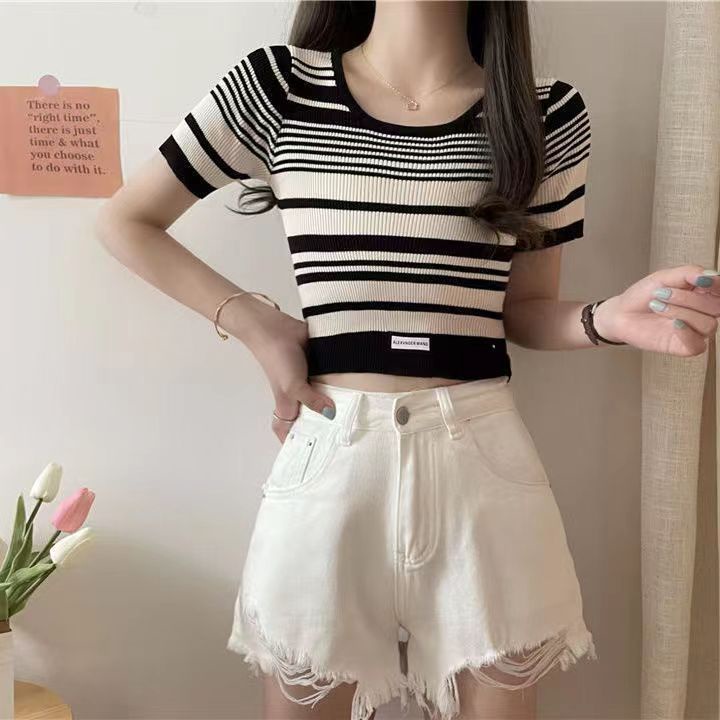 Cùng ngày tàu!Áo Thun Lửng Tay Ngắn Họa Tiết Sọc Ngang Thời Trang Dành Cho Nữ