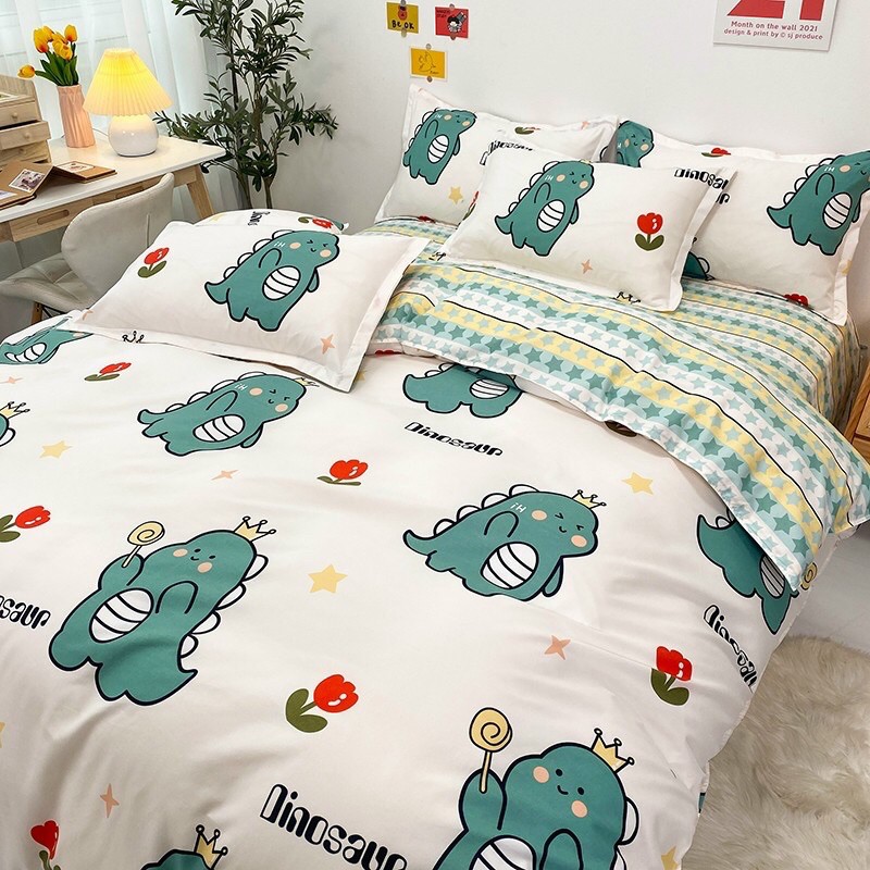 Bộ chăn ga gối cotton poly -mẫu khủng long xanh -luis bedding shop miễn phí bo chun