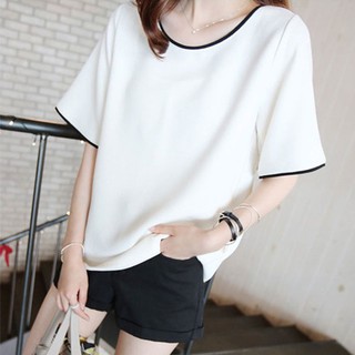 [DEAL HỦY DIỆT] Áo Thun Nữ Cổ Tròn Tay Ngắn TRẮNG VIỀN ĐEN, Vải Cotton Dày Mịn