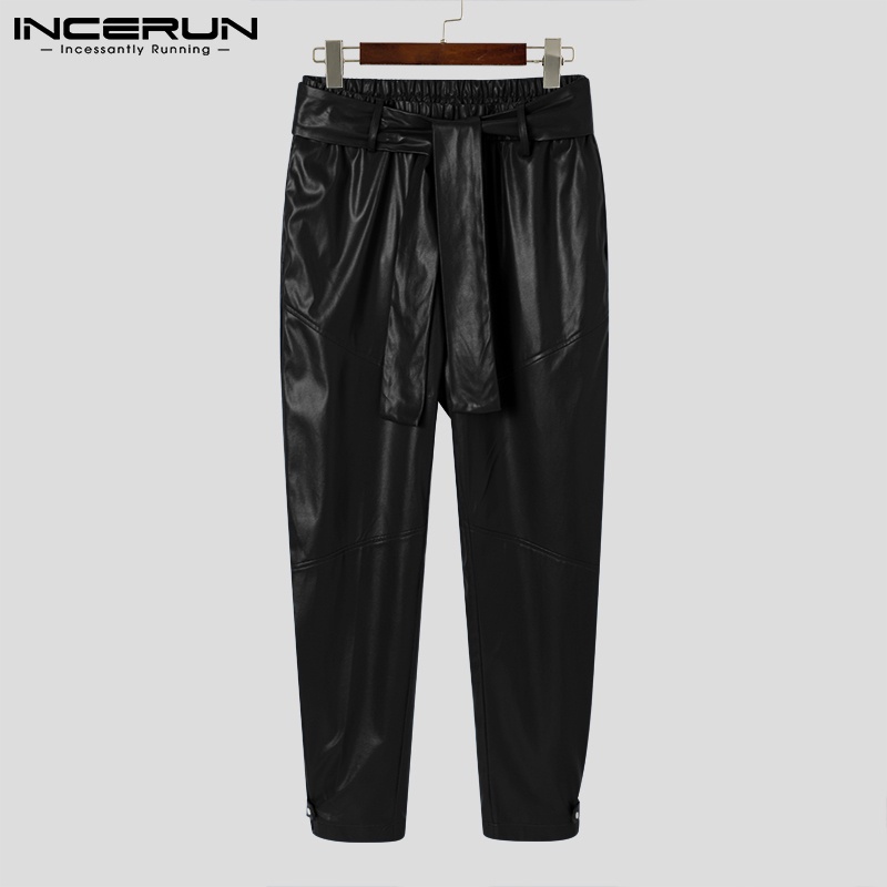 Quần da INCERUN dáng dài lưng thun thắt cột dây 2 màu đơn giản tùy chọn cho nam