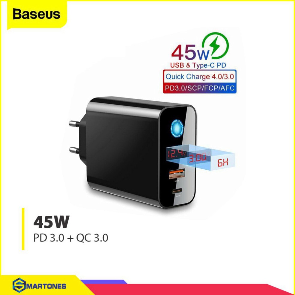 Củ sạc nhanh Baseus Speed PPS 45W hỗ trợ Q.C 4.0/3.0, SCP, PD USB + Type C chế độ hẹn giờ sạc cho iPhone,Samsung,Huawei.