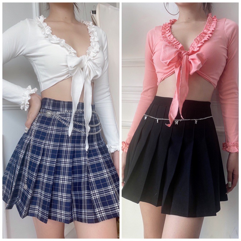 GILLBABY | Áo croptop kiểu cột nơ viền bèo freesize chất thun bozip sexy xinh xắn (Kitty top)