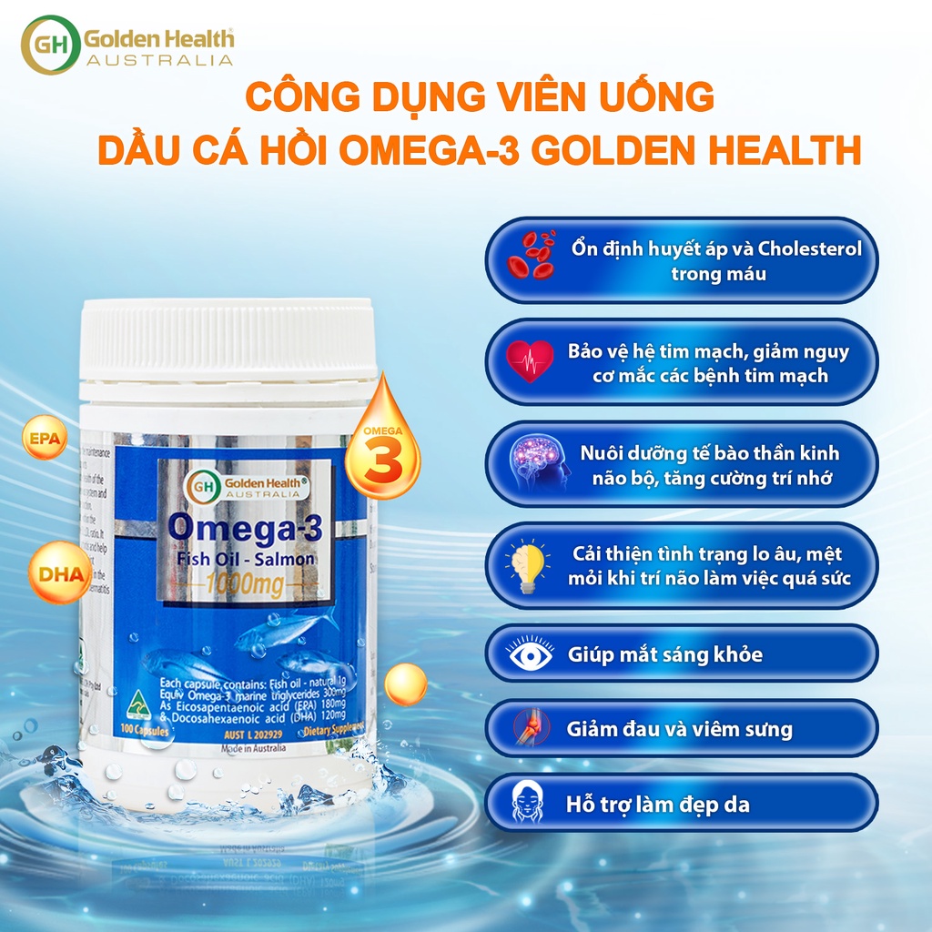 [GOLDEN HEALTH] Viên uống dầu cá hồi Omega-3 - Salmon Fish Oil Omega3 1000mg hộp 100 Viên