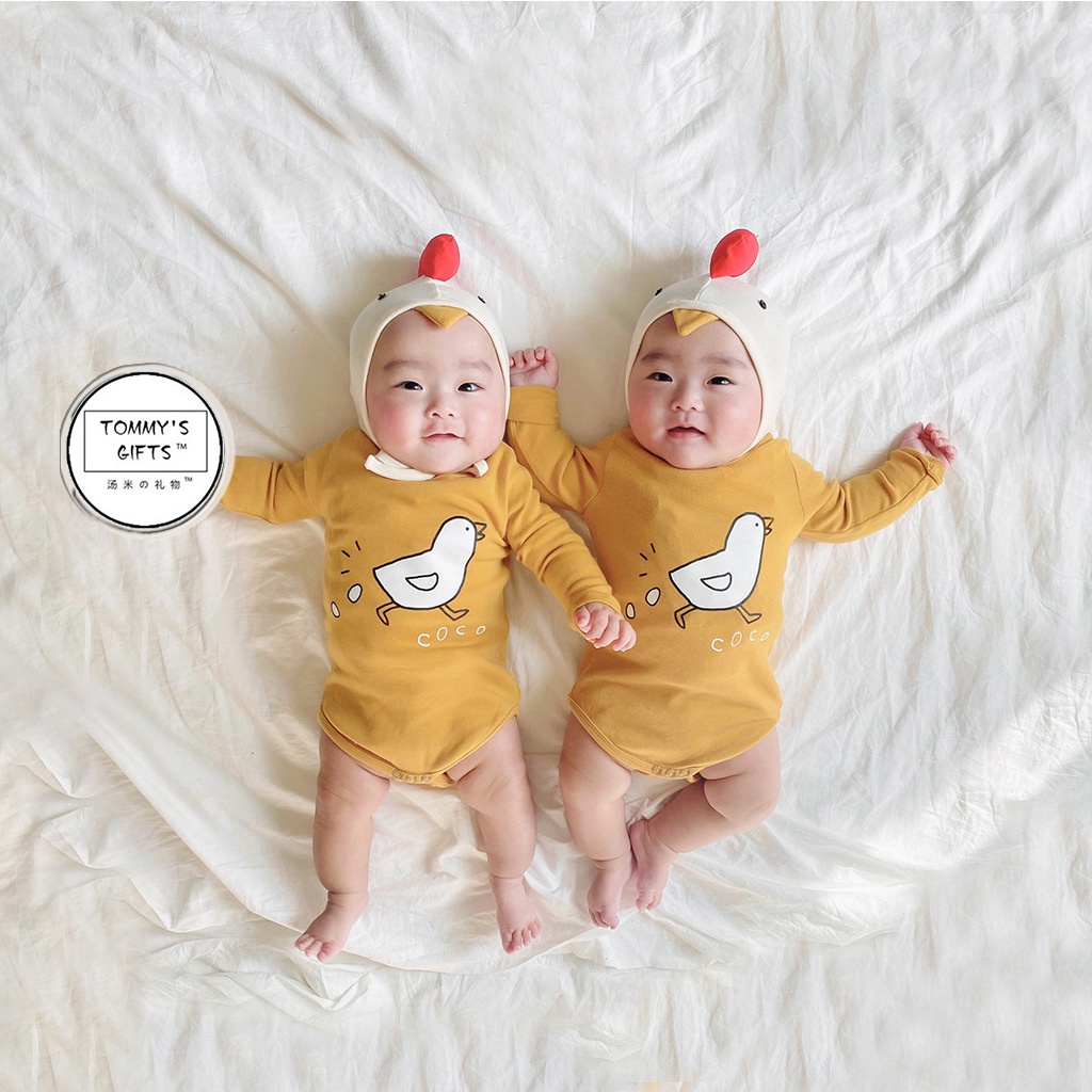 Bộ Áo Liền Quần Tay Ngắn Hình Gà Con + Mũ Dễ Thương Cho Bé