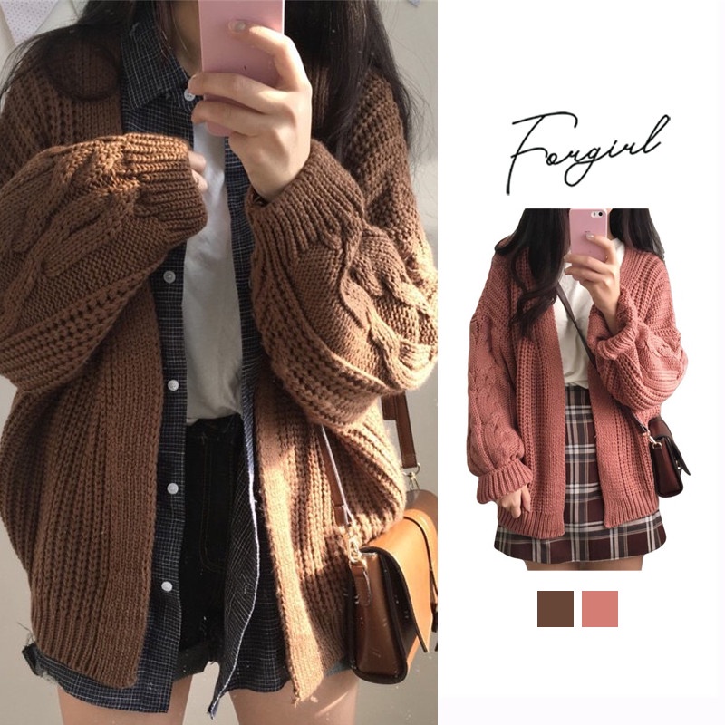 Áo khoác len cadigan basic Forgirl dáng xuông nâu đất hồng đất