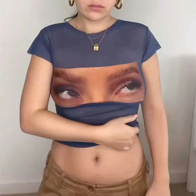 Áo Thun Croptop Tay Ngắn Dáng Ôm In Hình Đôi Mắt Vui Nhộn Phong Cách Harajuku Thời Trang Mùa Hè Cho Nữ