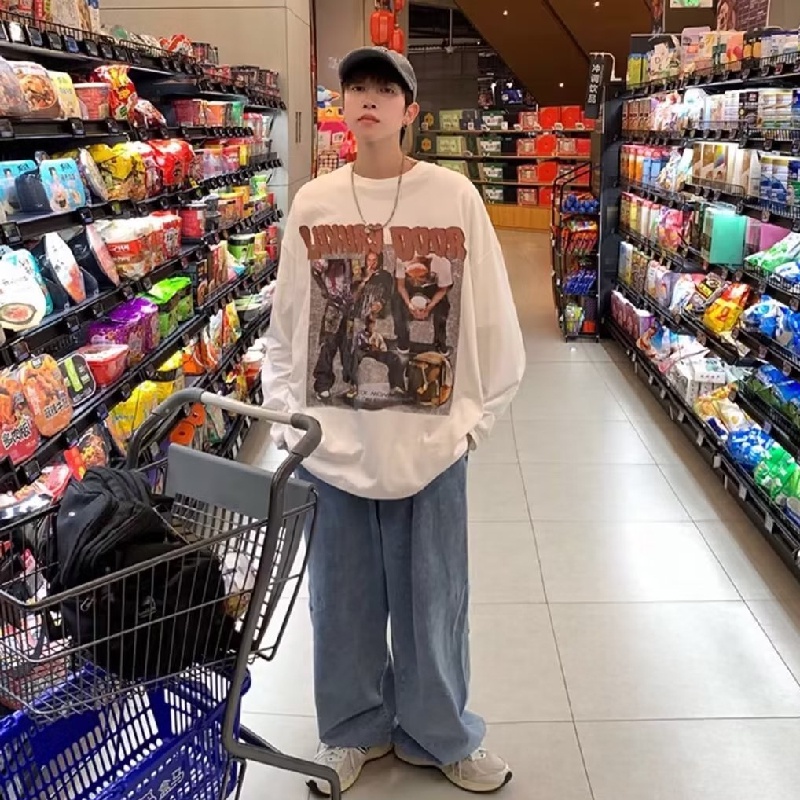 Áo Thun Tay Dài Cổ Tròn Dáng Rộng In Chữ Phong Cách Hip Hop Hàn Quốc Thời Trang Cho Nam Size M-5XL