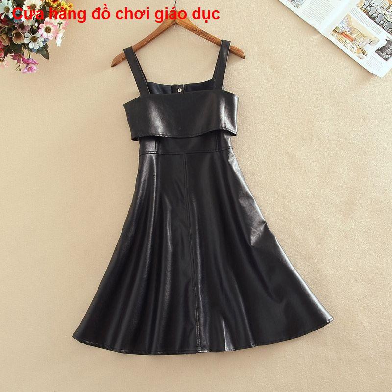 SHOP XINH Váy nữ mùa thu 2018 mới có độ dài trung bình mỏng phù hợp với dây đeo bằng da PU thắt lưng công chúa