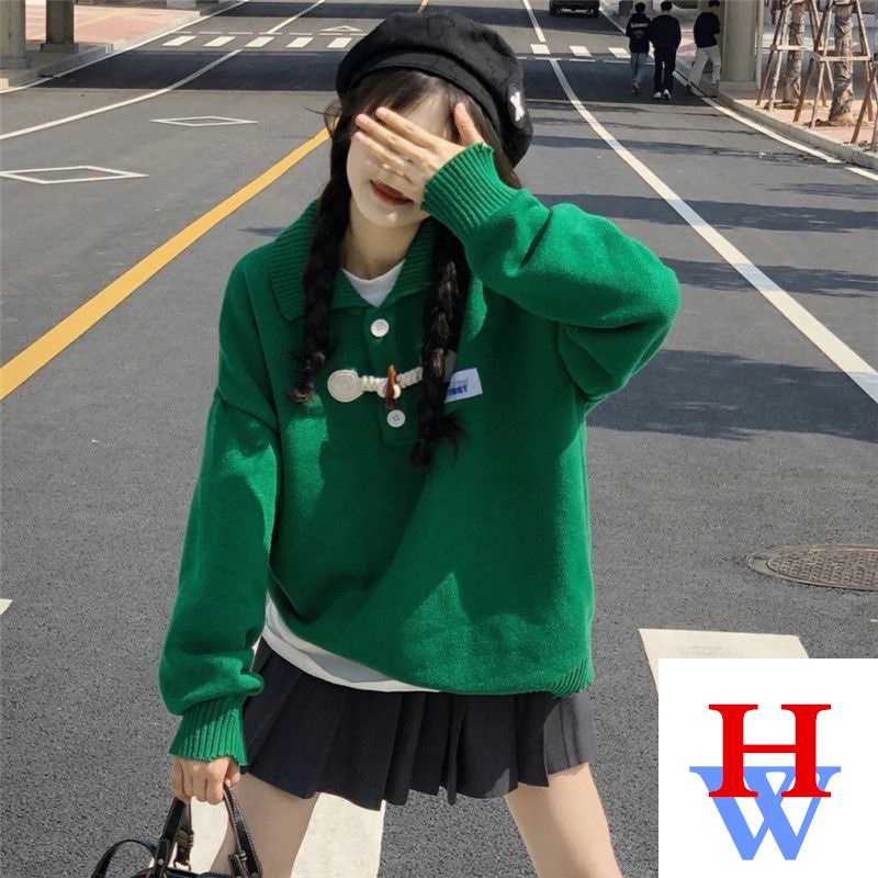 Áo Sweater Cổ Polo Dáng Rộng Màu Xanh Lá Phong Cách Hàn Quốc Thời Trang Thu Đông Cho Nữ