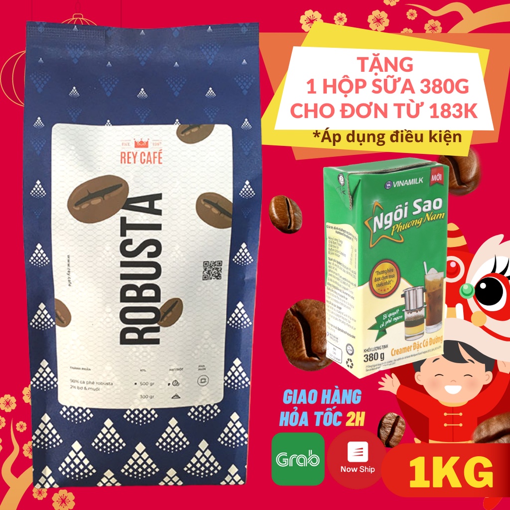 1KG Cà phê Robusta rang bơ nguyên chất (1kg/gói) - Pha phin - Thương hiệu Rey Cafe