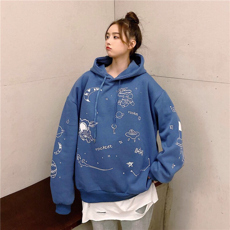 Áo hoodie nữ dài tay họa tiết ngoài hành tinh phom rộng unisex/ Áo nỉ có mũ in họa tiết trẻ trung cá tính | BigBuy360 - bigbuy360.vn