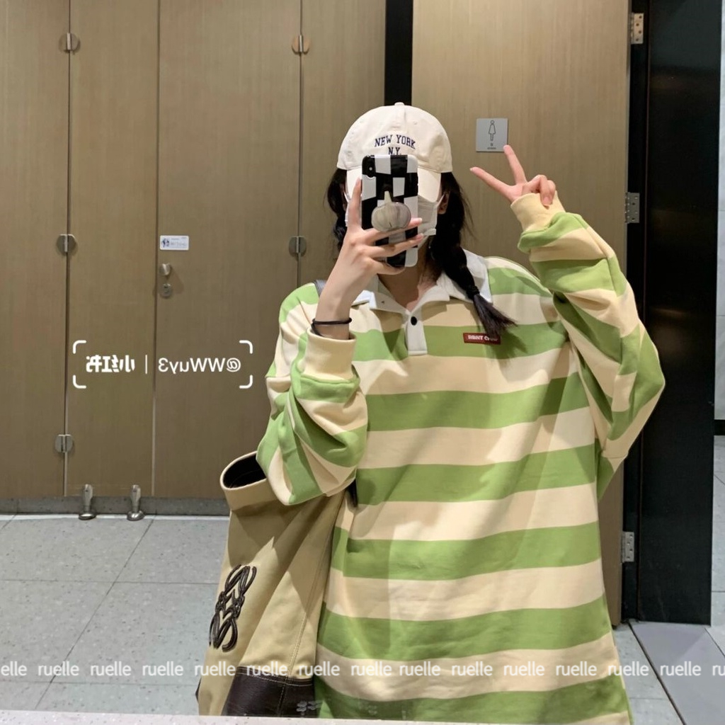 Áo Thun Sweater Mỏng Tay Dài Cổ Polo Dáng Rộng Kẻ Sọc Xinh Xắn Cho Nữ