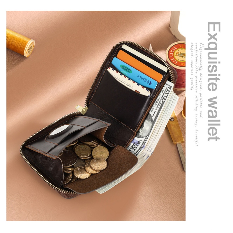 Youyo Ví Da Bò Nhiều Ngăn Đựng Thẻ Có Khóa Kéo Giản Dị Retro Chống Thất Lạc wit