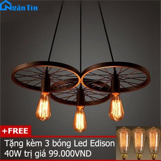 Bộ 3 đèn thả trần bánh xe trang trí nhà quán cà phê THCN118 (Tặng kèm 3 bóng Led Edison 4W)
