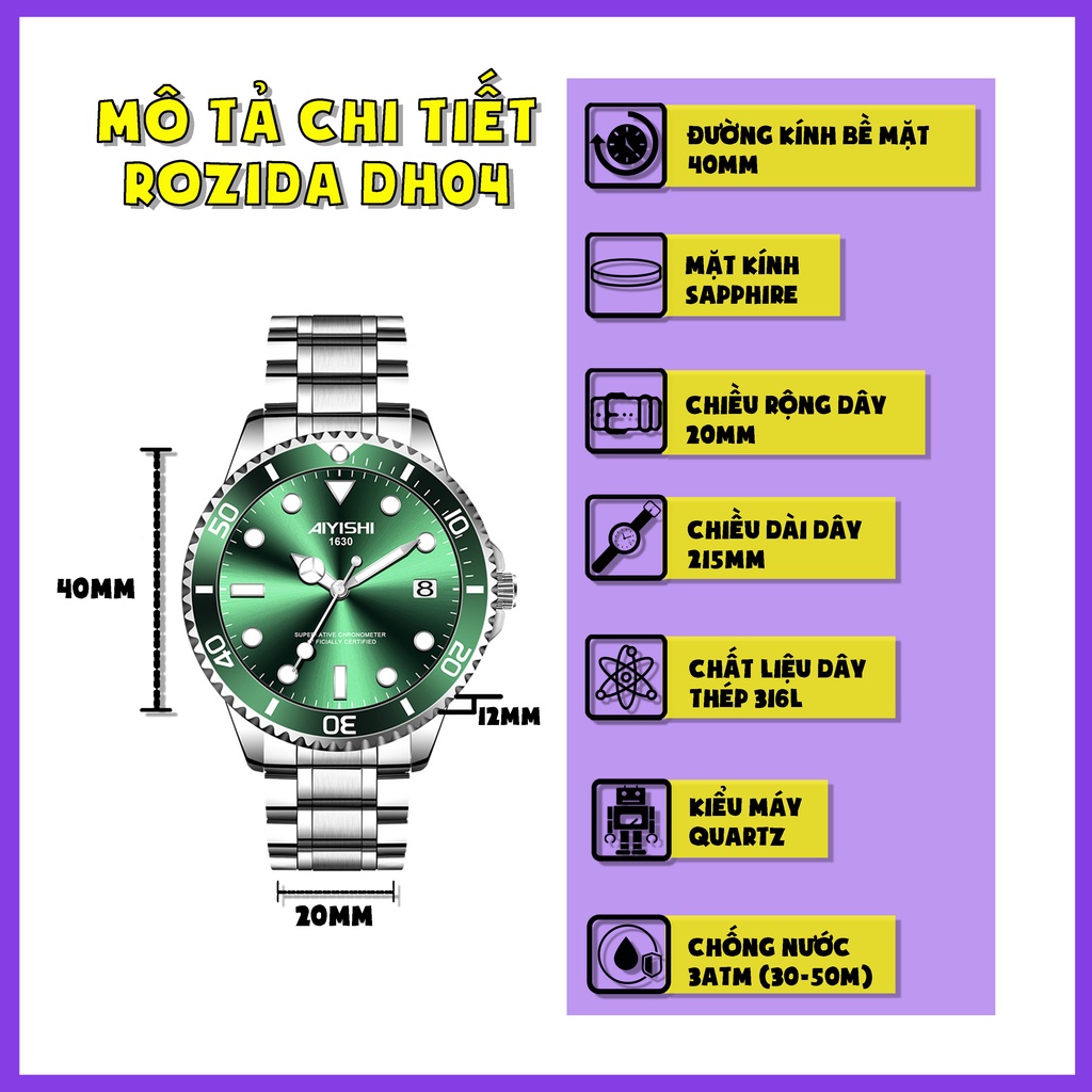 Đồng hồ nam chính hãng đẹp thời trang cao cấp giá rẻ dây thép chống nước ROZIDA DH04 | BigBuy360 - bigbuy360.vn
