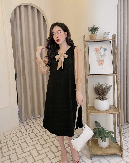 Váy đũi nơ dài tay phối mầu sang chảnh | BigBuy360 - bigbuy360.vn