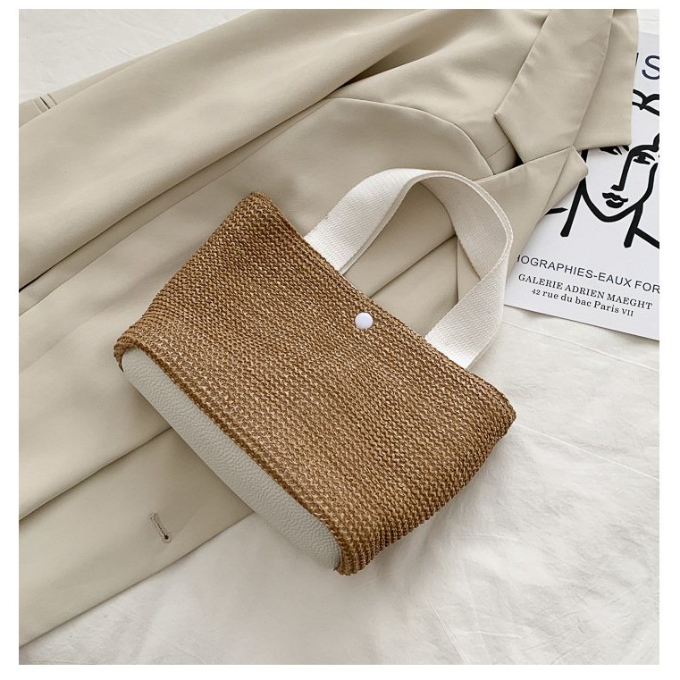 Túi Cói Đi Biển Boho Vintage Đeo Vai, Đeo Chéo Hình Vuông Chữ Nhật Dây Da Màu Trắng Đen