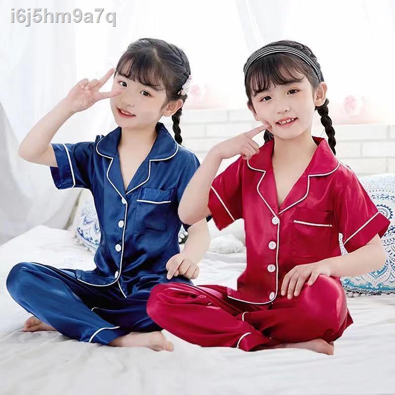 Bộ đồ ngủ trẻ em, quần ngắn tay mùa hè, lụa băng, bé trai và gái, áo em loại mỏng, phục vụ gia đình lớn cho