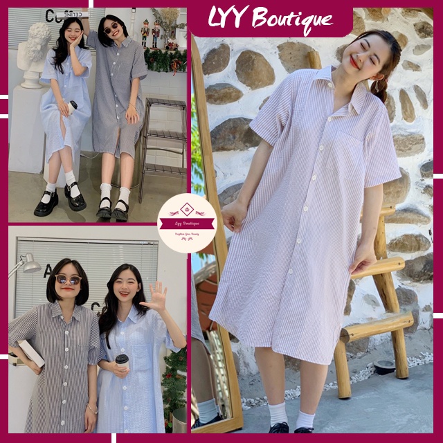 Váy sơ mi dáng ULZZANG suông tay ngắn chất đũi xốp, Đầm sơmi suông dài kẻ sọc oversize LYY BOUTIQUE
