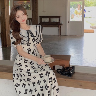 Váy đầm hoa đen trắng cổ 3T nhẹ nhàng phong cách Hàn Quốc MS407