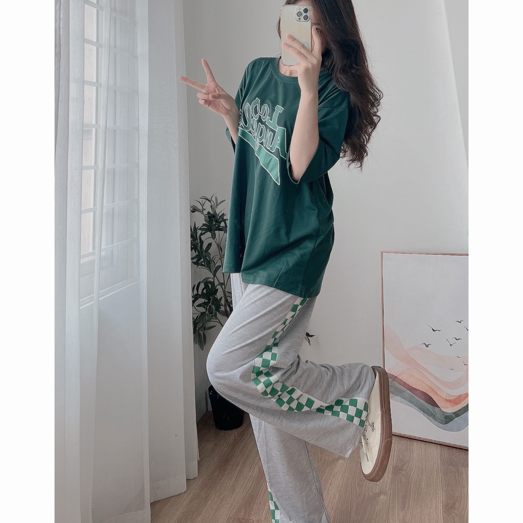 Set Kẻ Caro Xanh Los Angeles PEONYB Nữ [FREESHIP]  Bộ đồ quần culottes da cá kèm áo thun form rộng tay lỡ Ulzzang