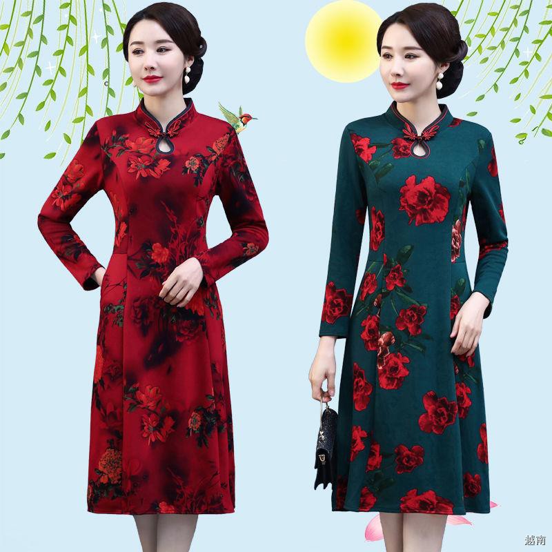 ♝2021 váy sườn xám cải tiến mới dài kiểu Trung Quốc cho người niên và cao tuổi bà mẹ mùa xuân thu retro cấp
