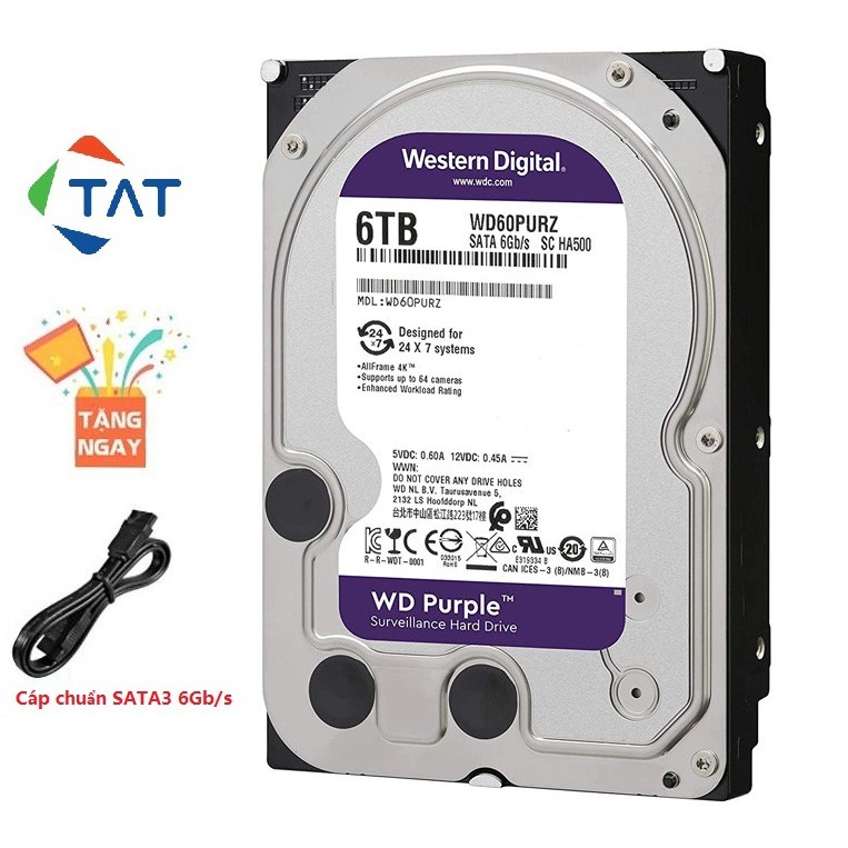 Ổ Cứng HDD Western Purple 6TB 3.5 inch WD Tím SATA3 6Gb/s Chuyên Camera Karaoke