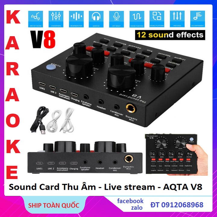 Sound Card V8 Thu Âm Mini Nhỏ Gọn, Tích Hợp Bluetooth, Pin 10H, Thu Âm, Karaoke, Live Stream Mọi Lúc Mọi Nơi Bảo Hành 6T